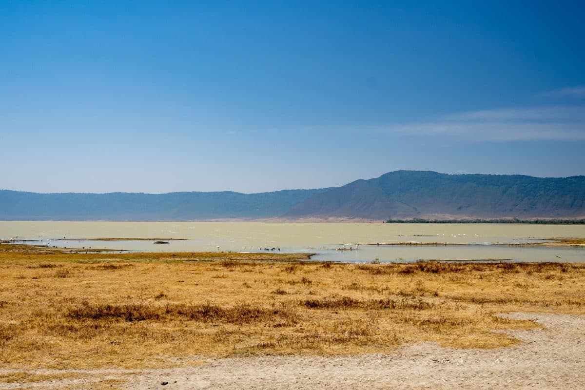 a large body of water sitting in the middle of a dry grass field