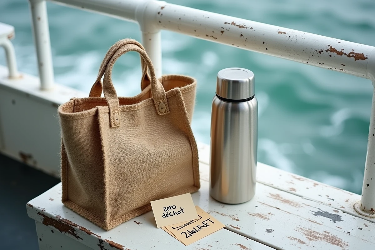 Accessoires zéro déchet sur le pont d'un ferry pour l'île de Groix, illustrant des gestes écoresponsables en traversée