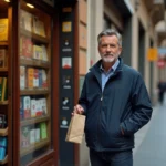 Homme tenant un sac devant un estanco espagnol, illustration de l'achat légal de cigarettes en Espagne