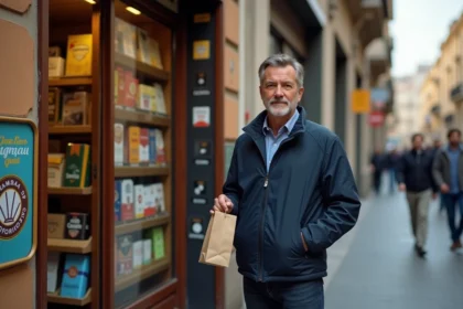 Homme tenant un sac devant un estanco espagnol, illustration de l'achat légal de cigarettes en Espagne