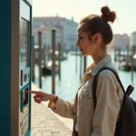 Femme achetant un ticket de Vaporetto à une borne automatique sur un quai de Venise
