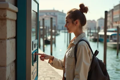 Femme achetant un ticket de Vaporetto à une borne automatique sur un quai de Venise