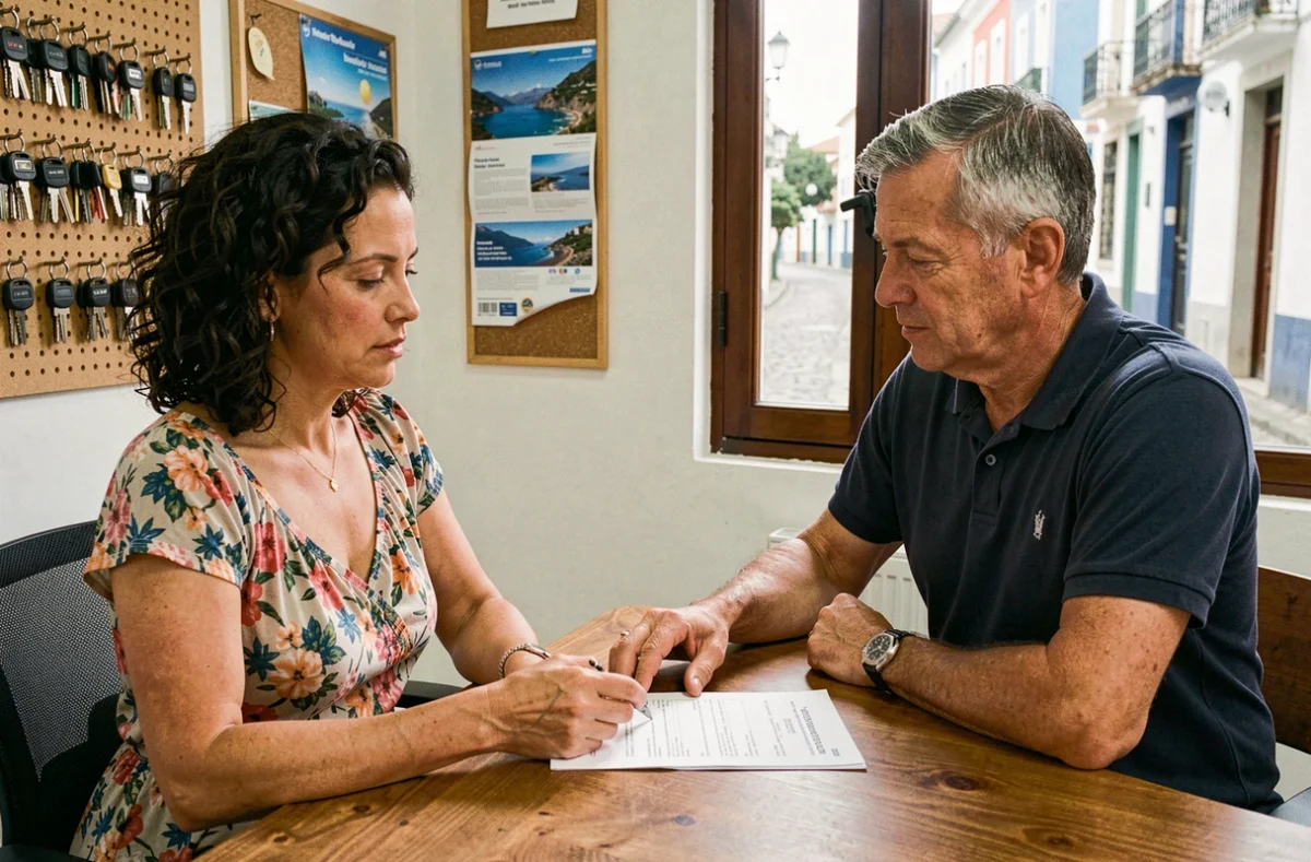 Femme signant un contrat de location de voiture dans une agence locale de Funchal à Madère avec un agent masculin