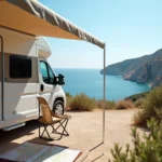 Camping-car moderne garé sur une aire avec vue sur la mer et les falaises calcaires de Cassis en Provence