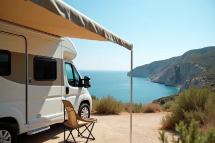 Camping-car moderne garé sur une aire avec vue sur la mer et les falaises calcaires de Cassis en Provence