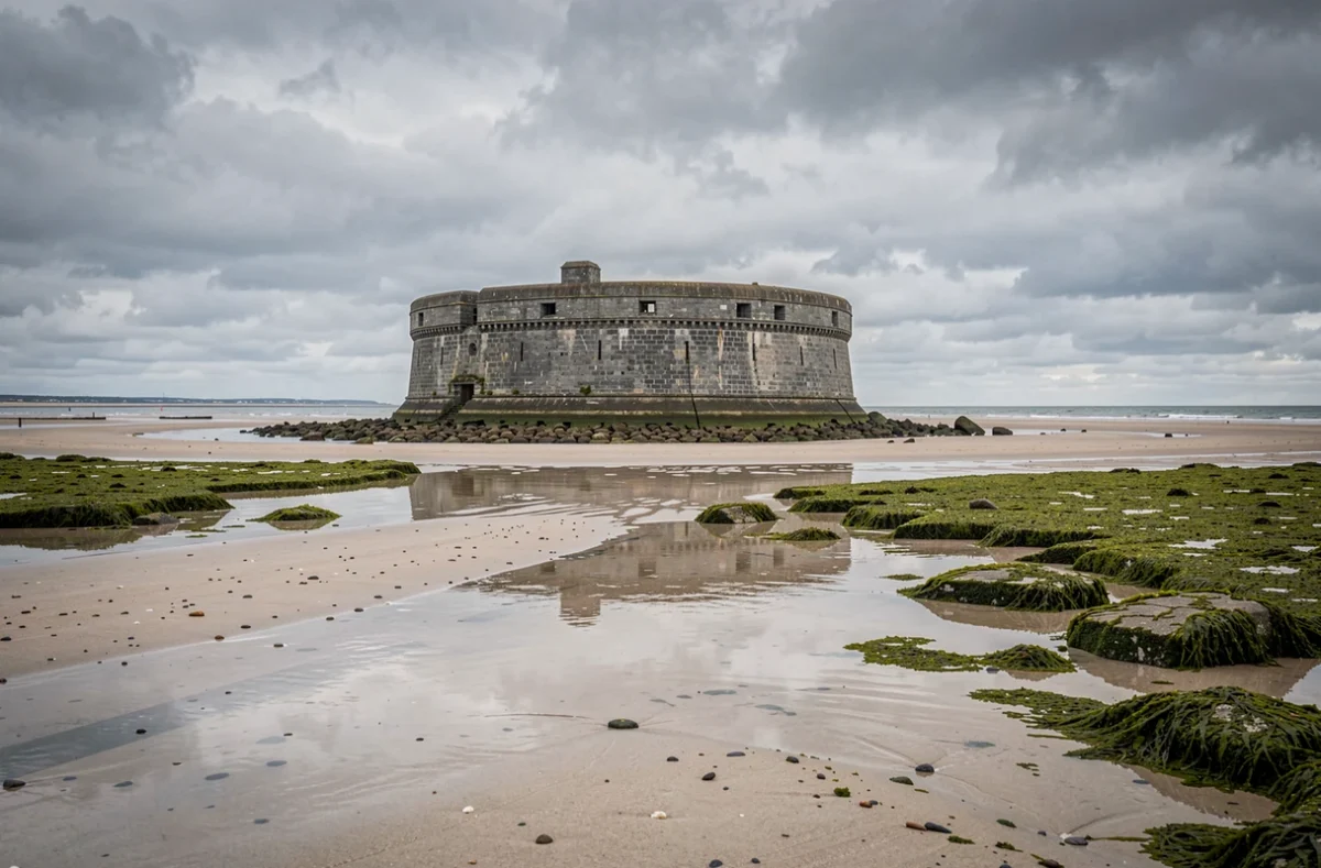 Le fort d'Ambleteuse de Vauban isolé sur les sables à marée basse, Côte d'Opale