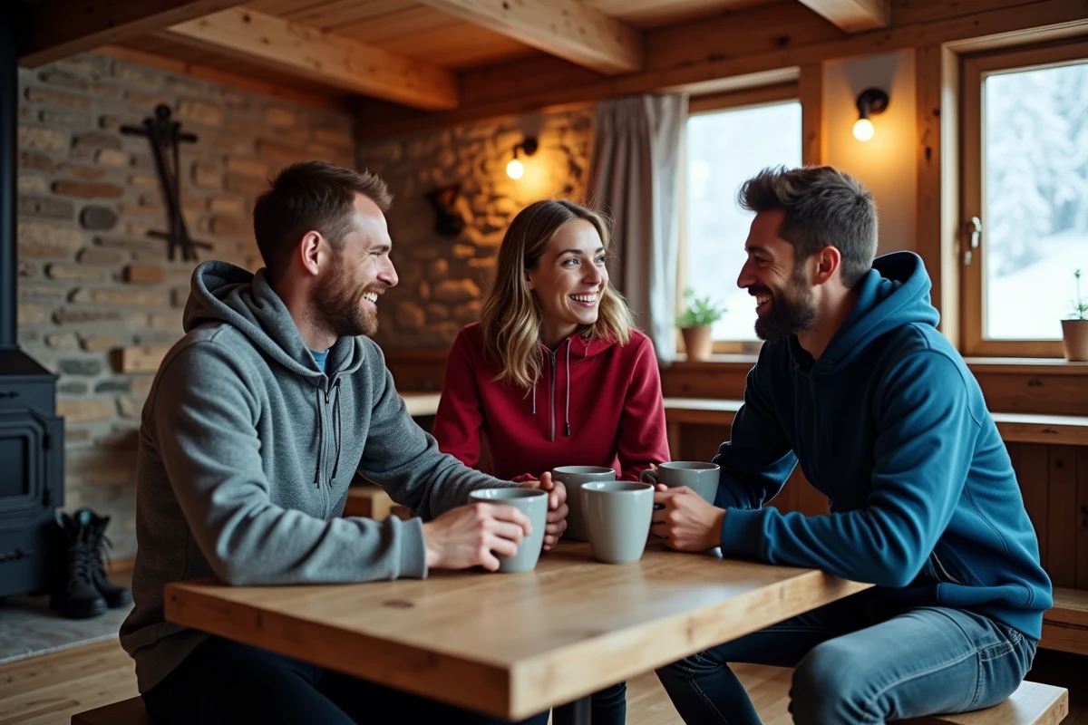 Groupe d'amis se détendant dans un chalet de montagne autour d'un chocolat chaud après une journée de ski en week-end