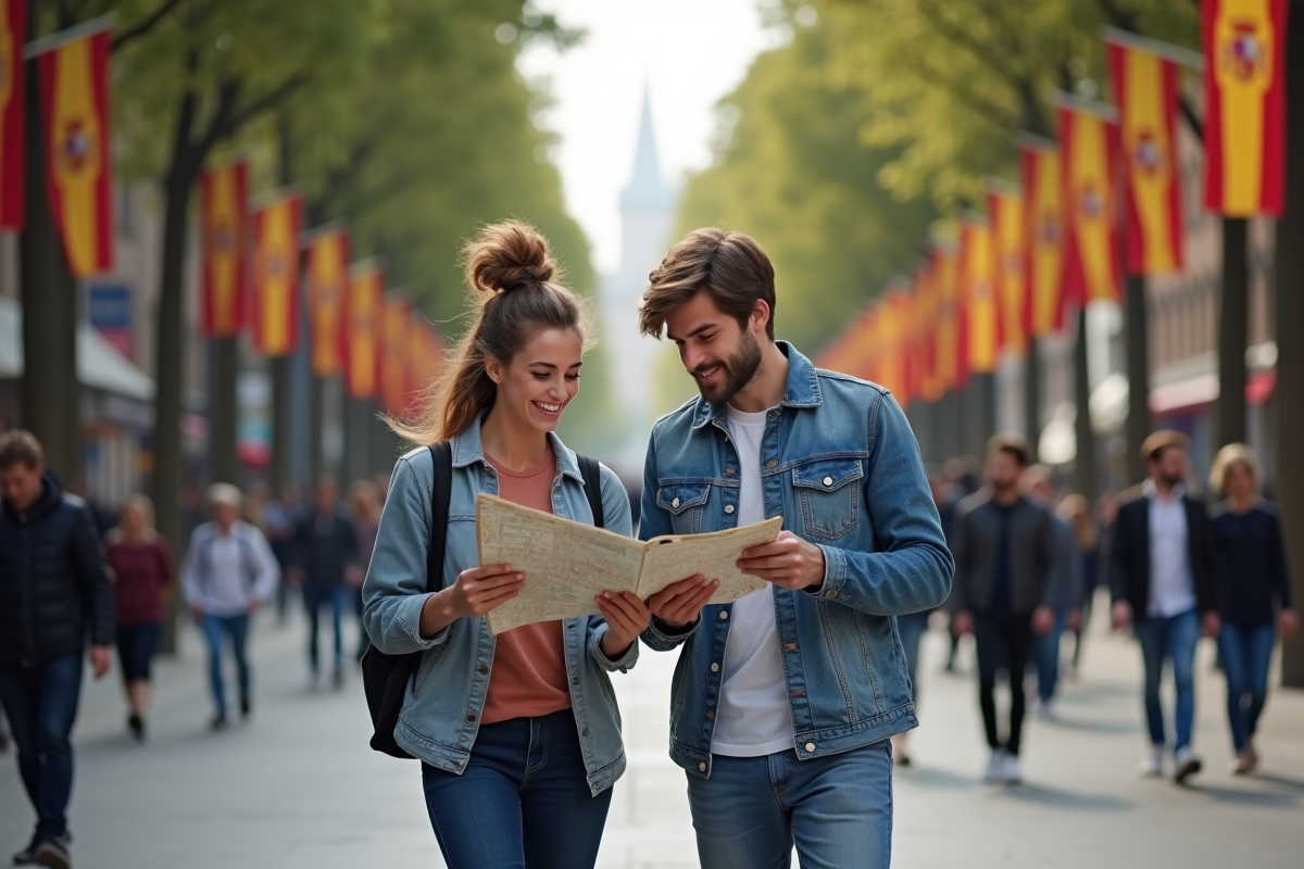 Deux amis marchant sur La Rambla avec carte de Barcelone