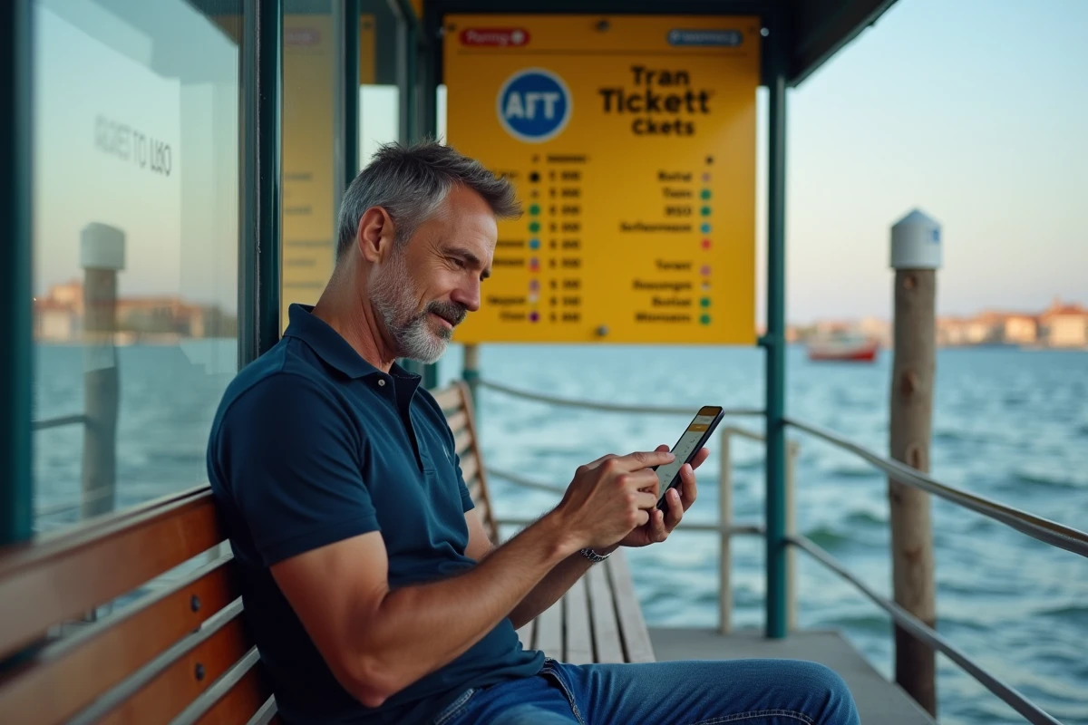 Homme consultant une application mobile pour acheter un ticket Vaporetto pas cher à Venise