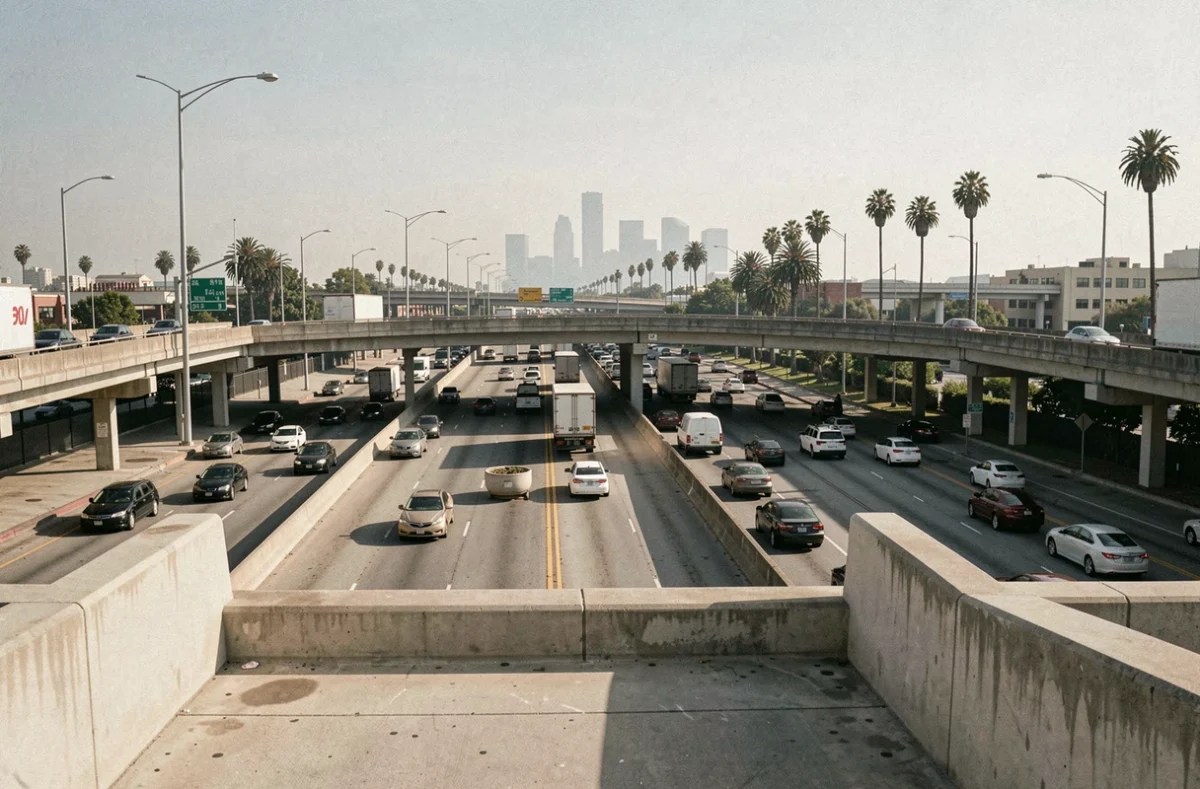 Vue aérienne d'un échangeur d'autoroute à Los Angeles avec circulation dense au départ d'un circuit Ouest américain