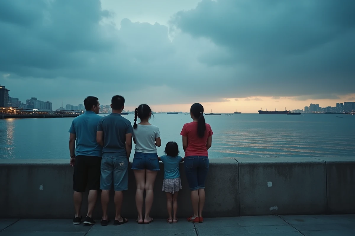 Famille philippine contemplant la baie de Manille au crépuscule depuis la promenade du front de mer, avec des reflets dorés sur l'eau calme