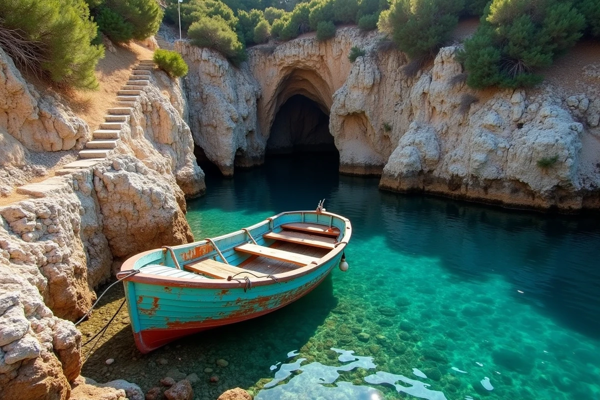 Barque de pêche turquoise amarrée dans une crique secrète de la côte dalmate en Croatie