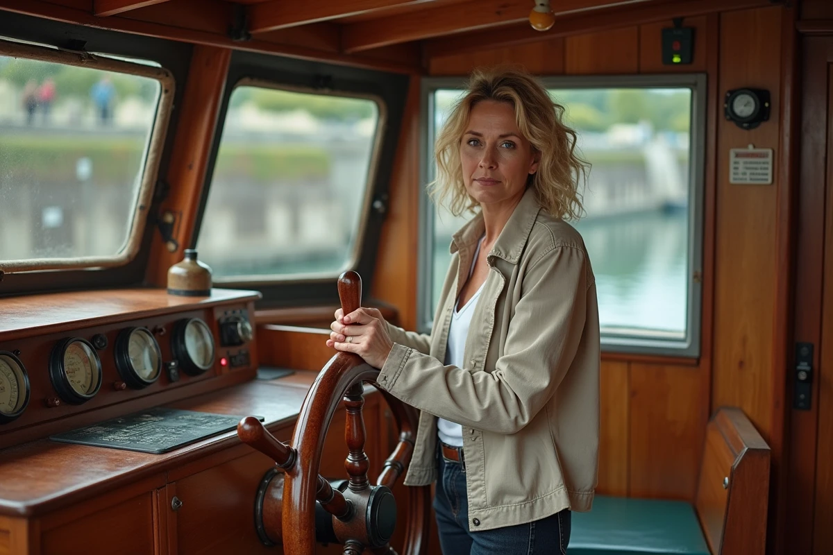 Femme à la barre d'une péniche naviguant dans une écluse sur le Canal du Midi près de Toulouse