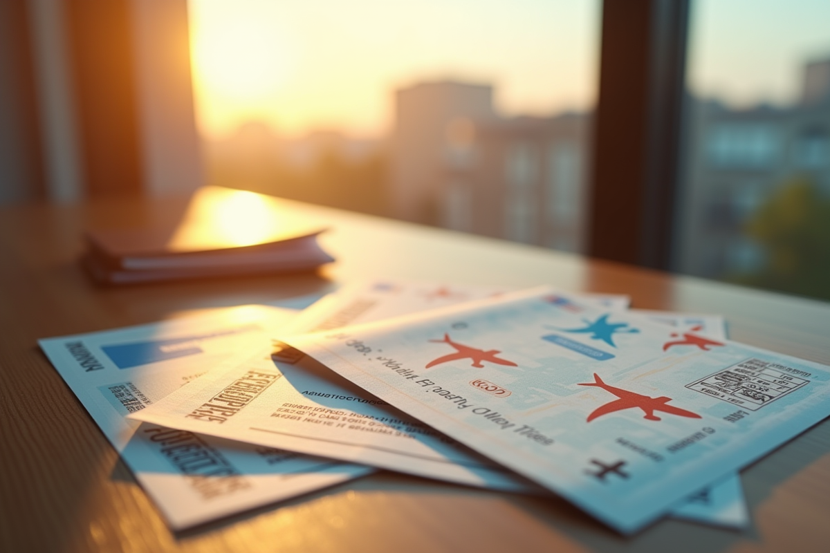 Billets de vacances sur une table en bois avec passeport et porte d