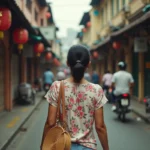 Femme filipine traversant les rues animées de Binondo, le quartier chinois historique de Manille, entourée de lanternes rouges et de façades colorées