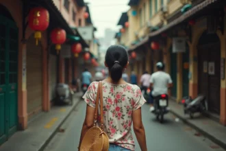 Femme filipine traversant les rues animées de Binondo, le quartier chinois historique de Manille, entourée de lanternes rouges et de façades colorées