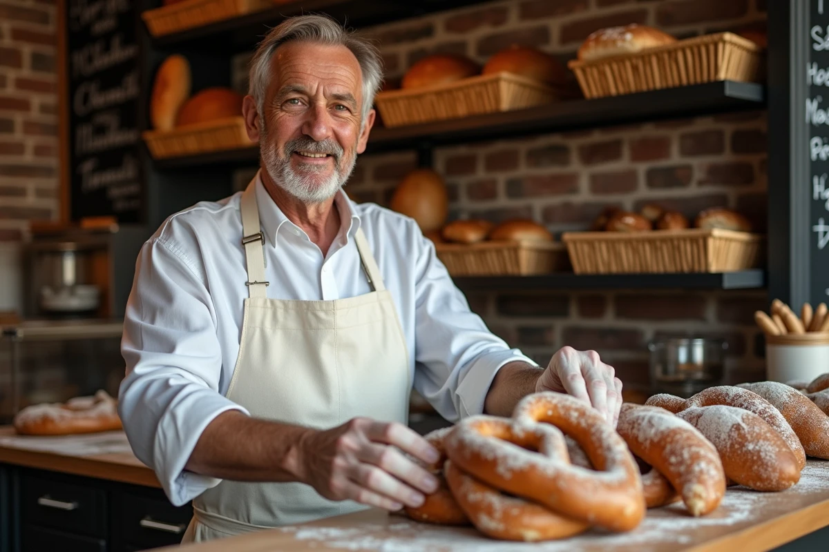 Boulanger arrangeant des bretzels et des pains de seigle artisanaux dans une boulangerie traditionnelle du centre historique de Speyer