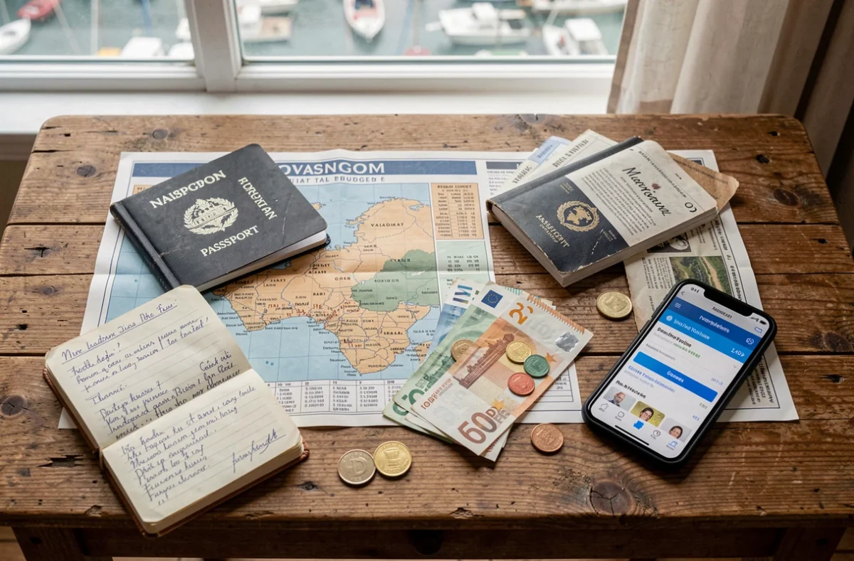 Planification du budget d'une croisière Norwegian avec carte des escales, passeport et billets en euros sur une table en bois