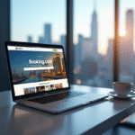 Bureau moderne avec ordinateur affichant Booking com et vue urbaine