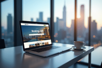 Bureau moderne avec ordinateur affichant Booking com et vue urbaine