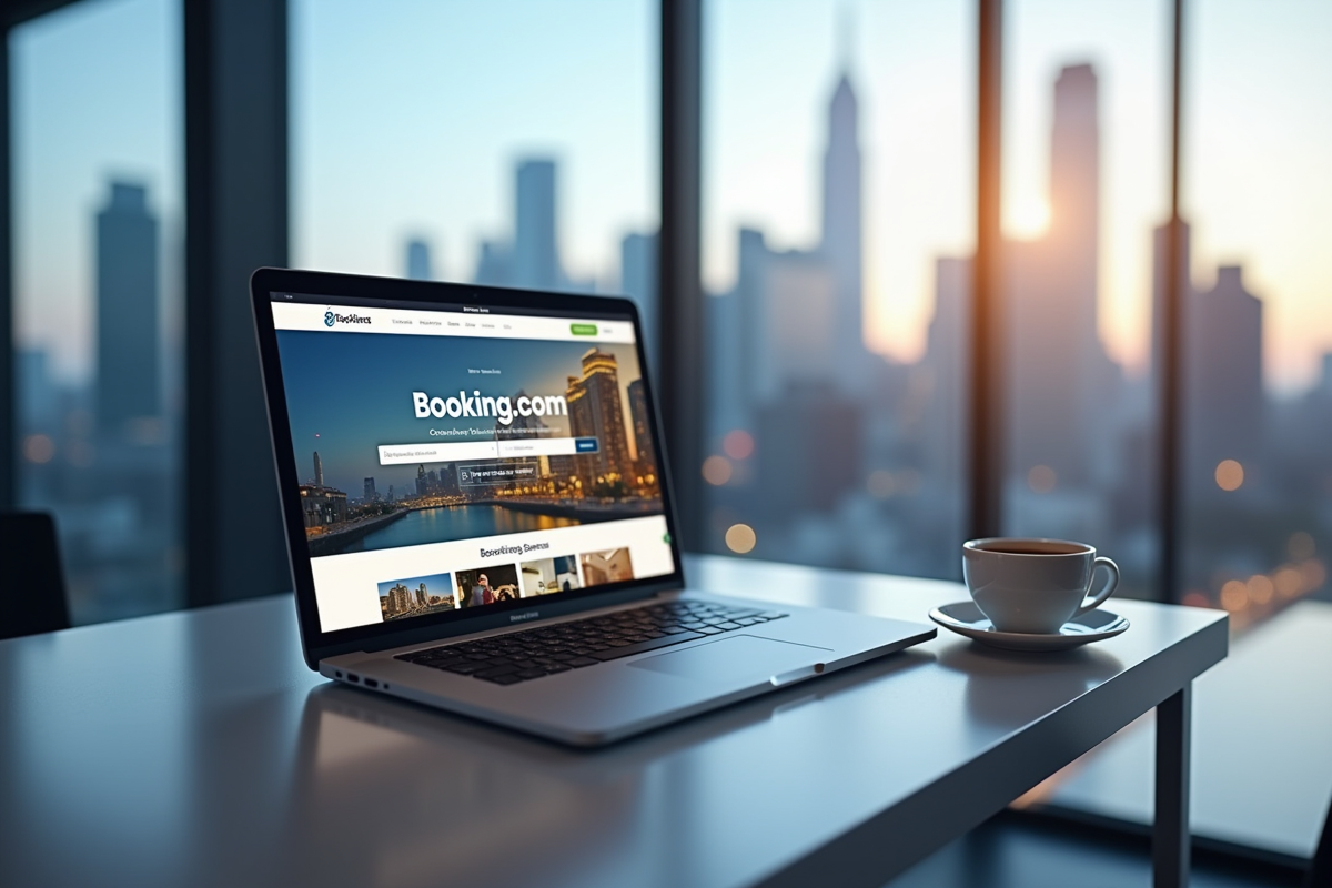 Bureau moderne avec ordinateur affichant Booking com et vue urbaine