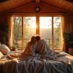 Cabane romantique entourée de verdure au lever du soleil