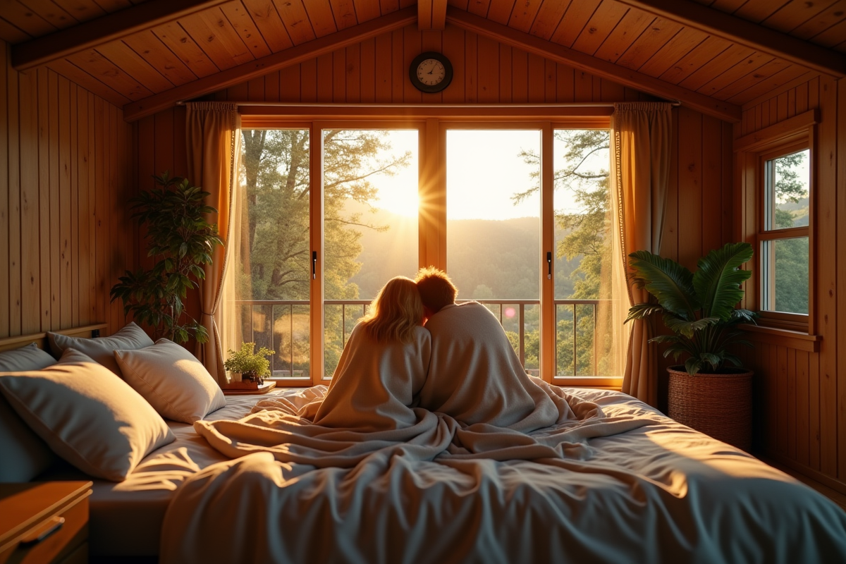 Cabane romantique entourée de verdure au lever du soleil
