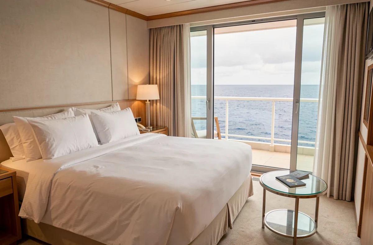 Cabine luxueuse avec balcon sur un bateau de croisière tour du monde avec vue panoramique sur l'océan