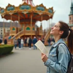 Femme souriante consultant un plan devant un manège coloré à Europa Park, idéale pour illustrer des conseils de cadrage photo en parc d'attractions