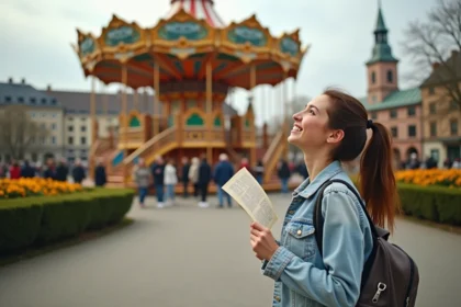 Femme souriante consultant un plan devant un manège coloré à Europa Park, idéale pour illustrer des conseils de cadrage photo en parc d'attractions