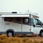 Camping-car moderne garé sur une aire en bord de mer dans le Finistère avec vue sur la côte atlantique rocheuse