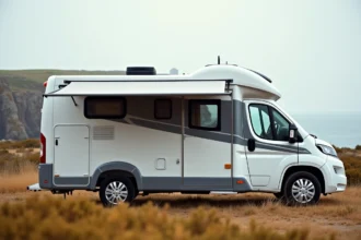 Camping-car moderne garé sur une aire en bord de mer dans le Finistère avec vue sur la côte atlantique rocheuse