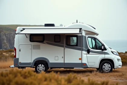 Camping-car moderne garé sur une aire en bord de mer dans le Finistère avec vue sur la côte atlantique rocheuse
