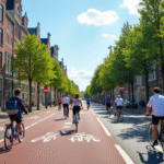 Croisement animé avec vélos dans une ville néerlandaise en été