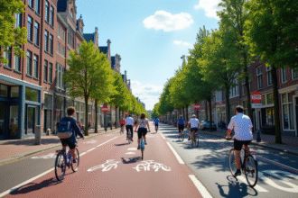 Croisement animé avec vélos dans une ville néerlandaise en été