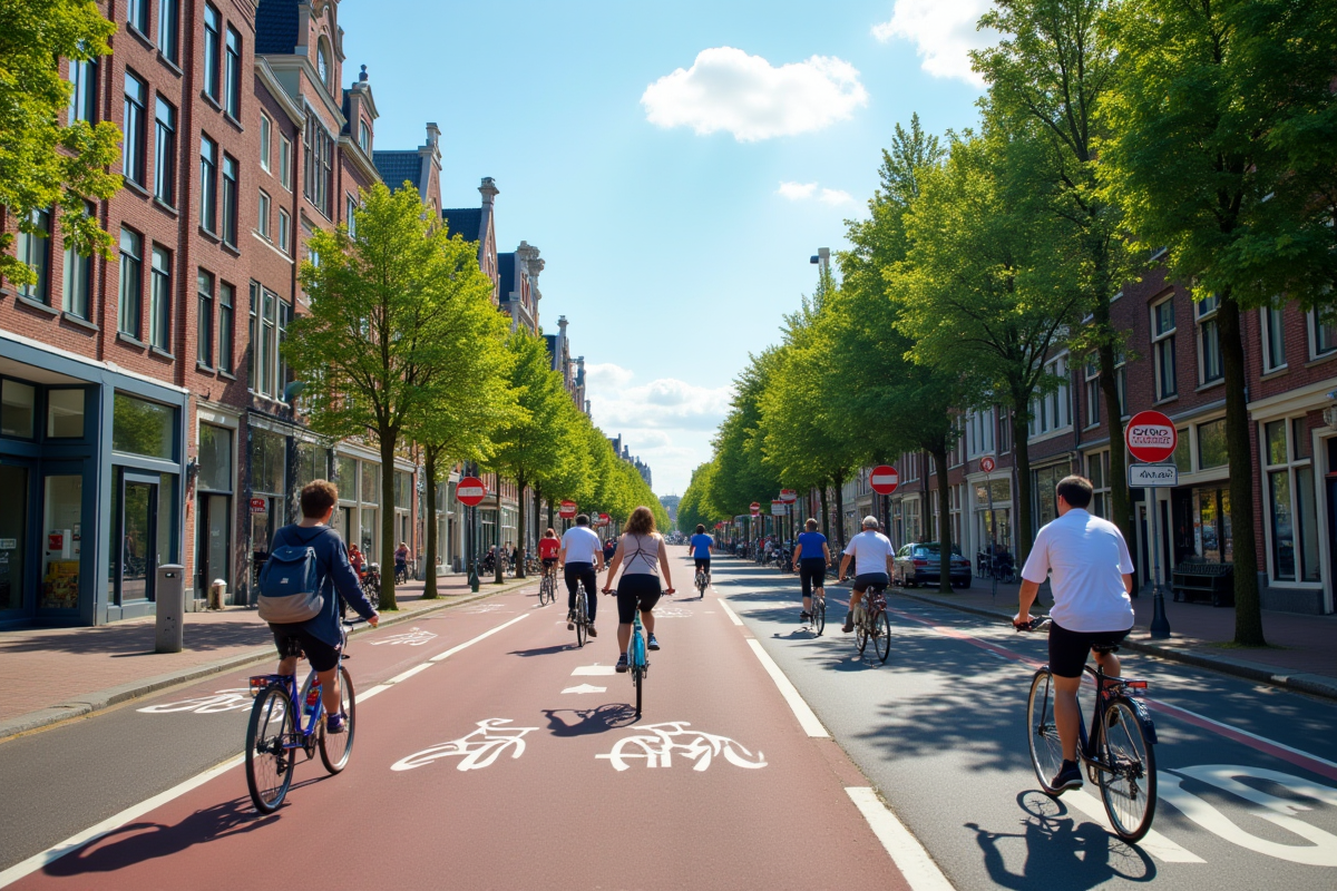 Croisement animé avec vélos dans une ville néerlandaise en été