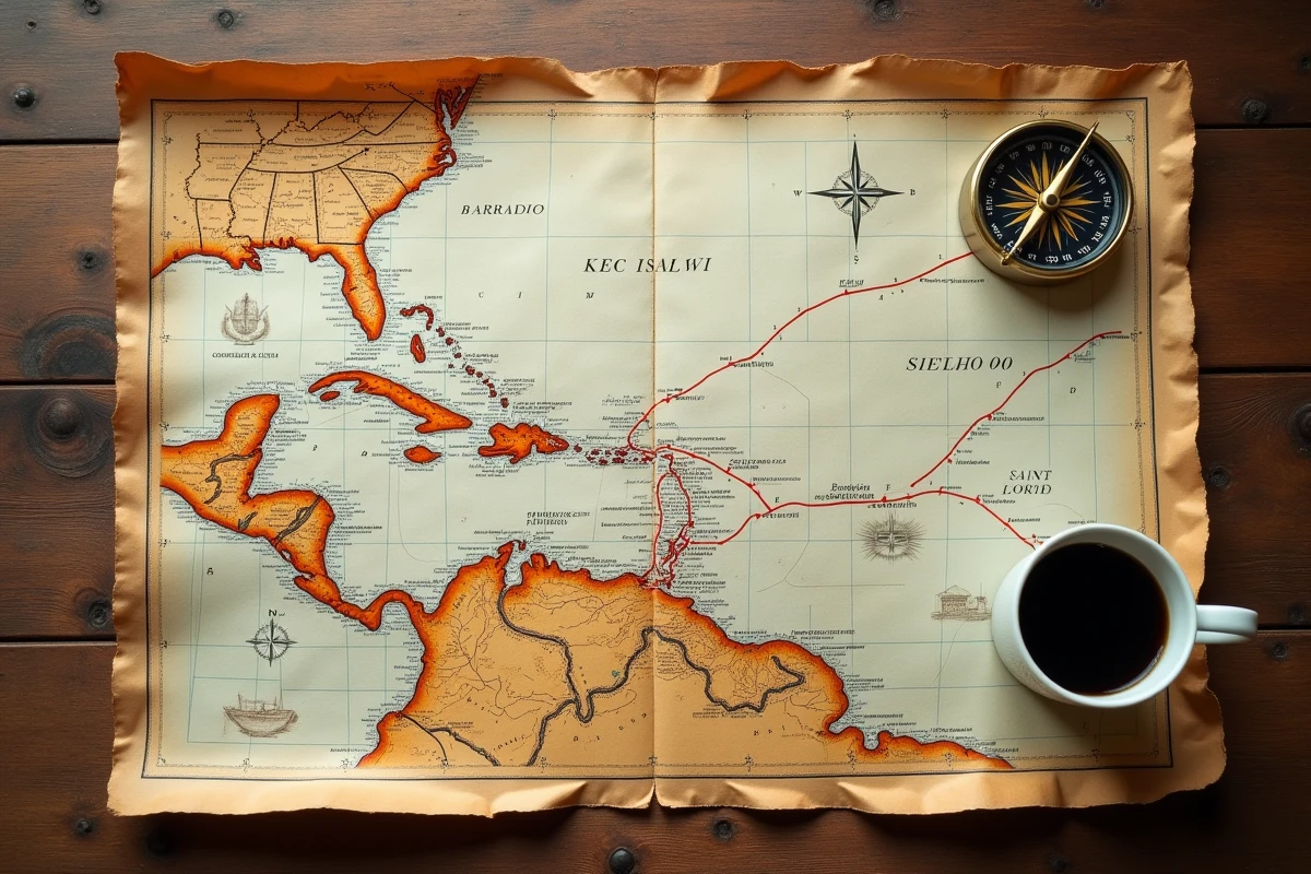 Carte nautique de la mer des Caraïbes avec itinéraires de croisière tracés et boussole vintage sur table en bois