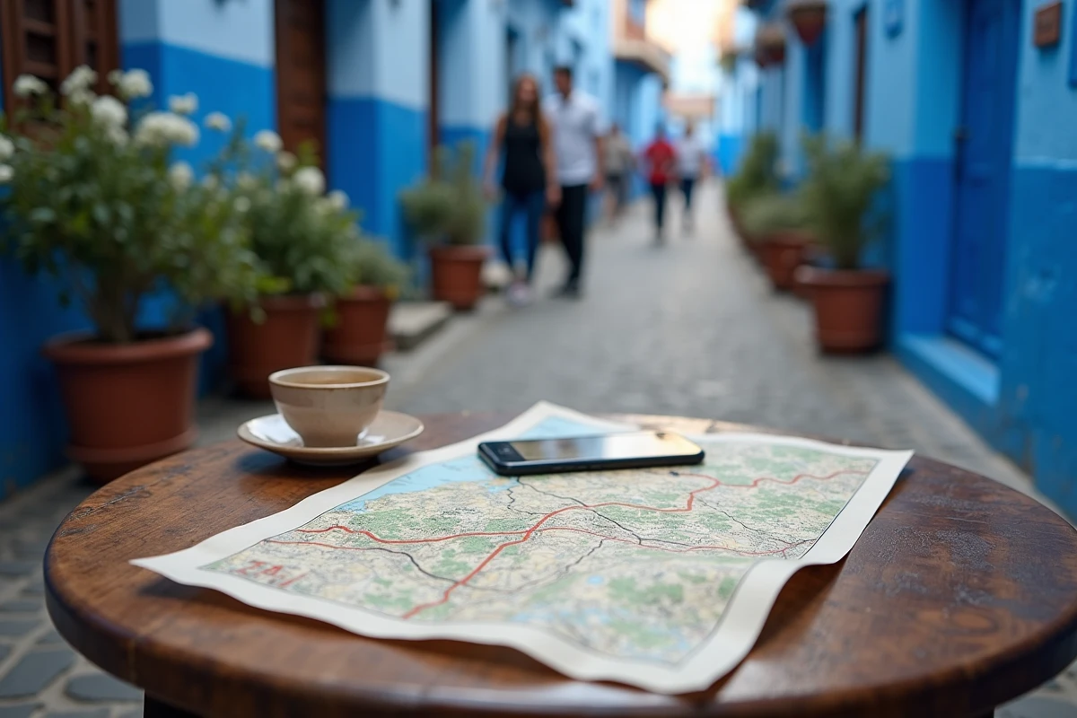 Carte routière du nord du Maroc dépliée dans un café de Chefchaouen avec vue sur une ruelle bleue pittoresque