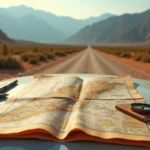 Carte routière détaillée du nord du Maroc posée sur le capot d'un 4x4 avec les montagnes du Rif en arrière-plan