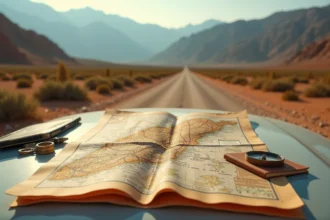 Carte routière détaillée du nord du Maroc posée sur le capot d'un 4x4 avec les montagnes du Rif en arrière-plan