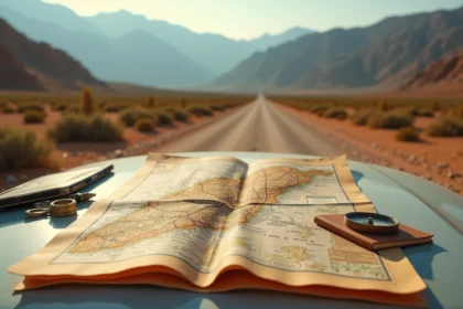 Carte routière détaillée du nord du Maroc posée sur le capot d'un 4x4 avec les montagnes du Rif en arrière-plan
