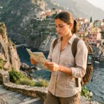 Randonneuse tenant une carte papier des Cinque Terre tout en utilisant le GPS de son smartphone sur un sentier côtier en Ligurie