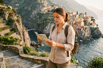 Randonneuse tenant une carte papier des Cinque Terre tout en utilisant le GPS de son smartphone sur un sentier côtier en Ligurie