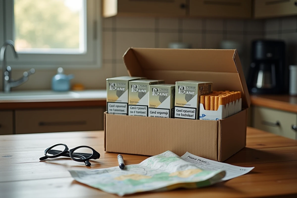 Cartouches de cigarettes espagnoles sur une table avec reçu et carte routière, illustration du transport transfrontalier légal