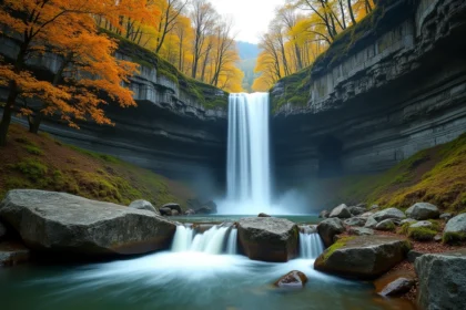 Cascade de la Vis en Cévennes entourée de forêts de châtaigniers en automne, eau cristalline sur roches calcaires moussues