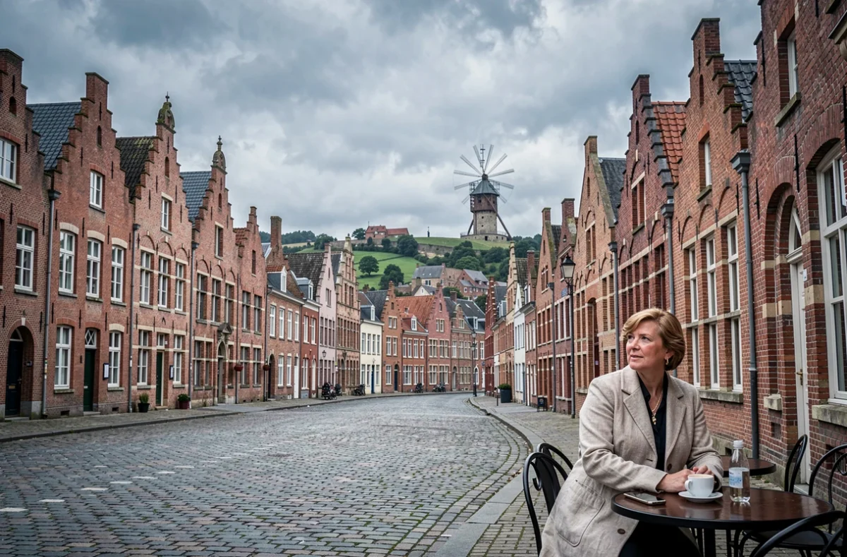 La Grand-Place de Cassel avec ses maisons flamandes à pignons et son moulin perché sur la colline, sentinelle des Flandres