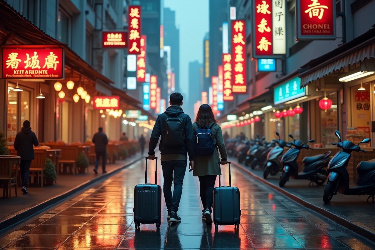 Couple avec valises marchant dans une rue animée du centre-ville de Zhangjiajie le soir, entouré de restaurants et d'hôtels