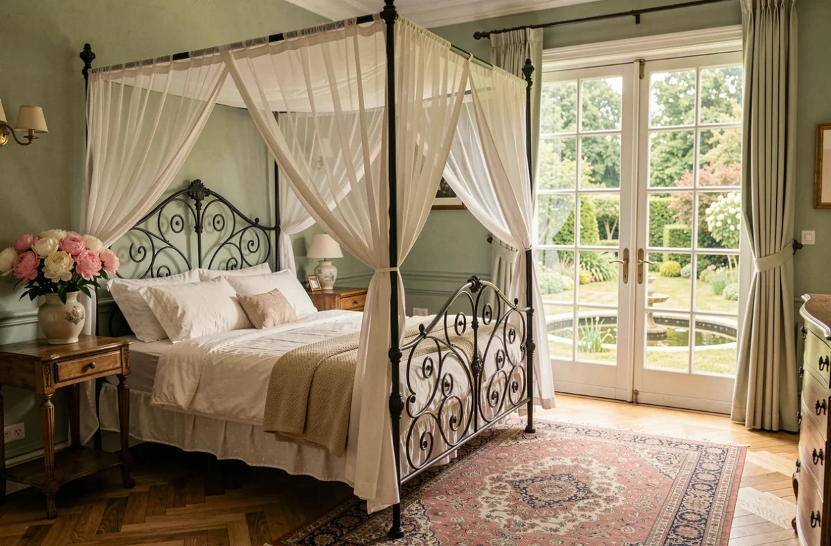 Chambre romantique de Chambres Du Marais à Tilques avec lit à baldaquin et vue sur le jardin fleuri