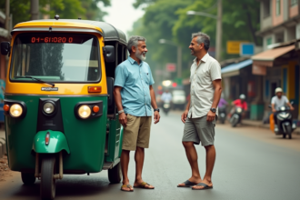 Chauffeur sri lankais souriant avec un tuk tuk coloré à Colombo