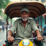 Conducteur de tuk tuk âgé dans une rue animée d'Asie du Sud-Est
